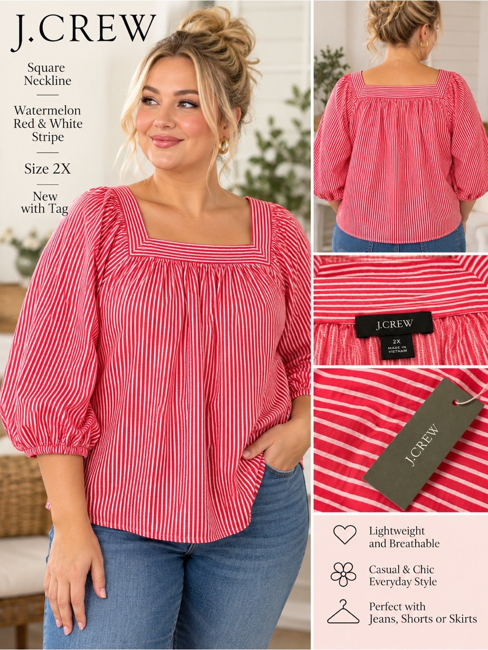 J.Crew Watermelon Red White Stripe Square Neck Puff Sleeve Top 2X NWT